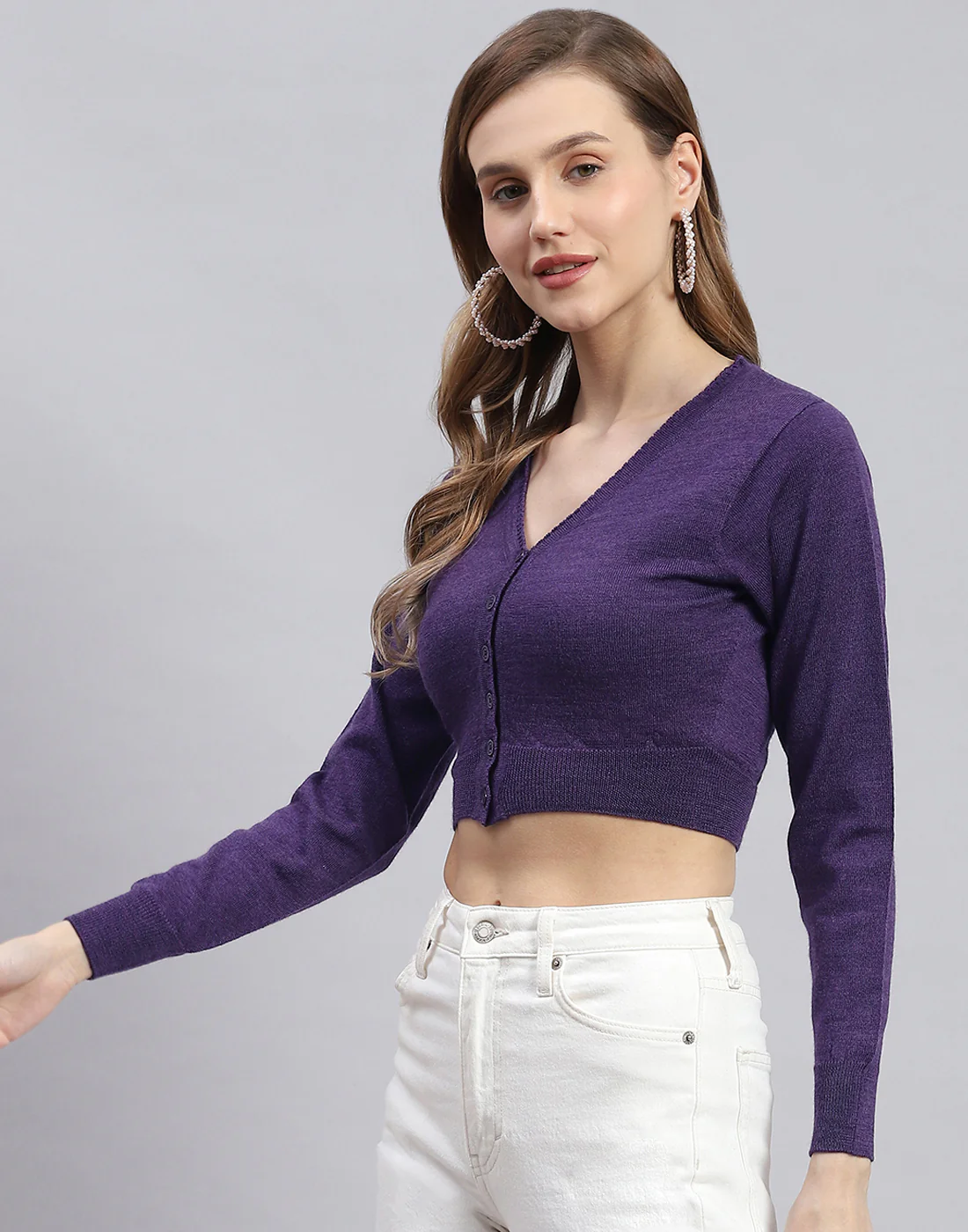 Women Purple Solid V Neck Full Sleeve Sweater - Image 2