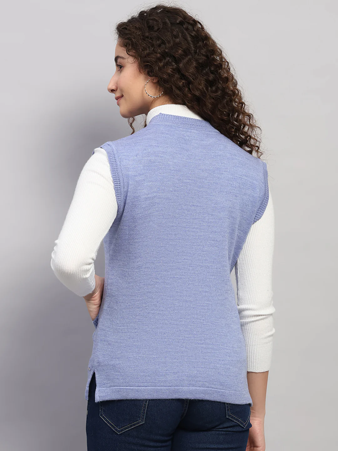 Women Purple Solid V Neck Sleeveless Cardigan - Image 5