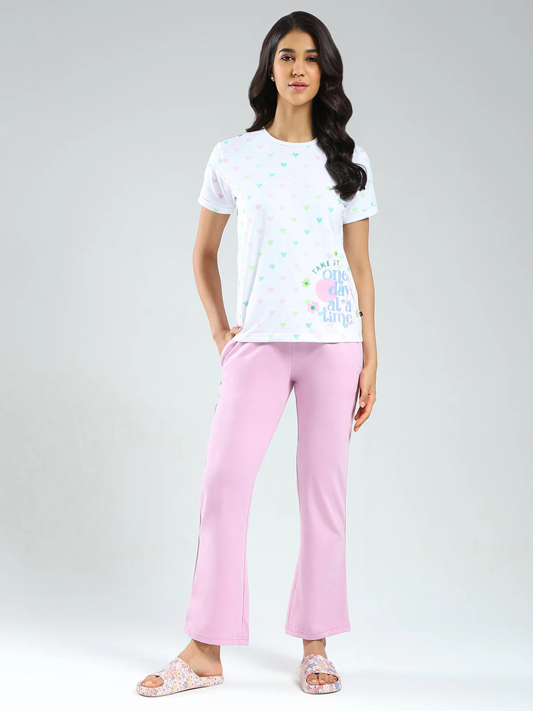 Women Purple & White Printed Round Neck Half Sleeve Combo 3Pc Set (T-Shirt, Shorts & Lower) - Image 11