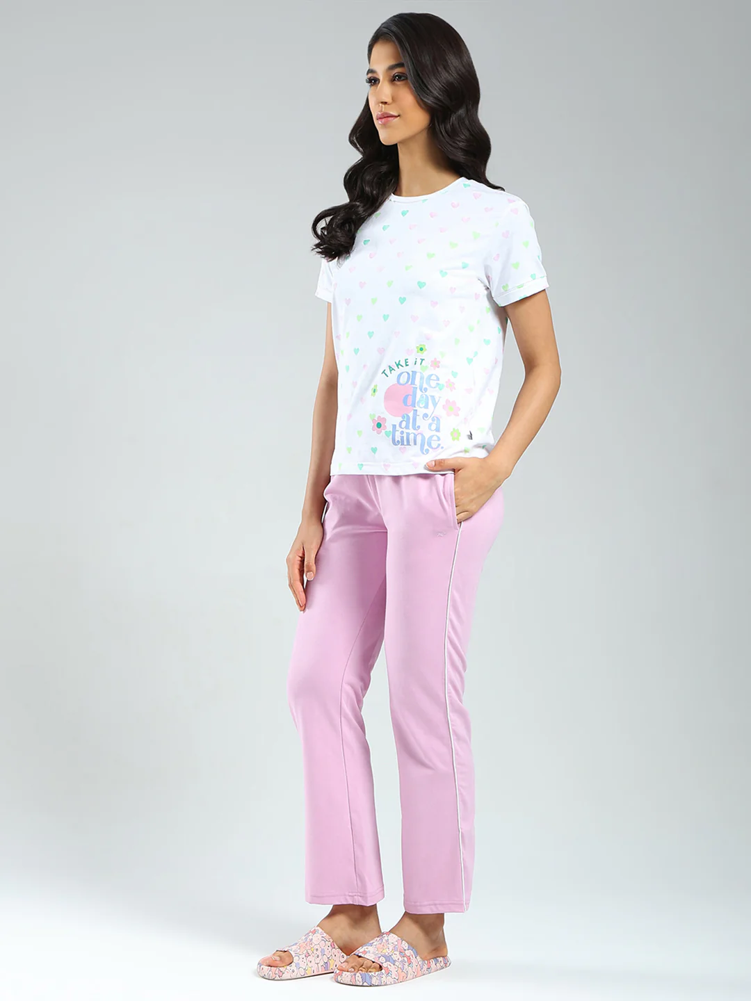 Women Purple & White Printed Round Neck Half Sleeve Combo 3Pc Set (T-Shirt, Shorts & Lower) - Image 12