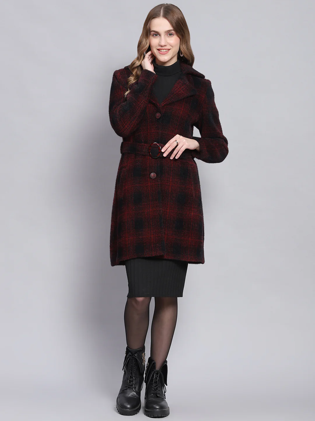 Women Red Check Lapel Collar Full Sleeve Coats - Image 3