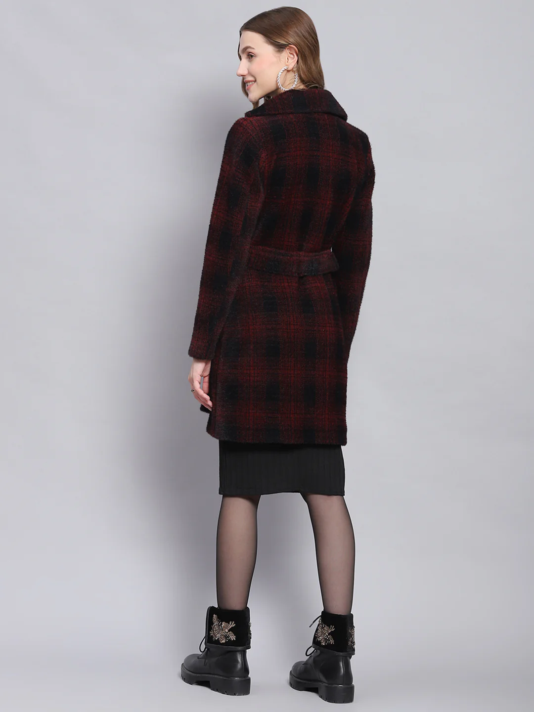 Women Red Check Lapel Collar Full Sleeve Coats - Image 6