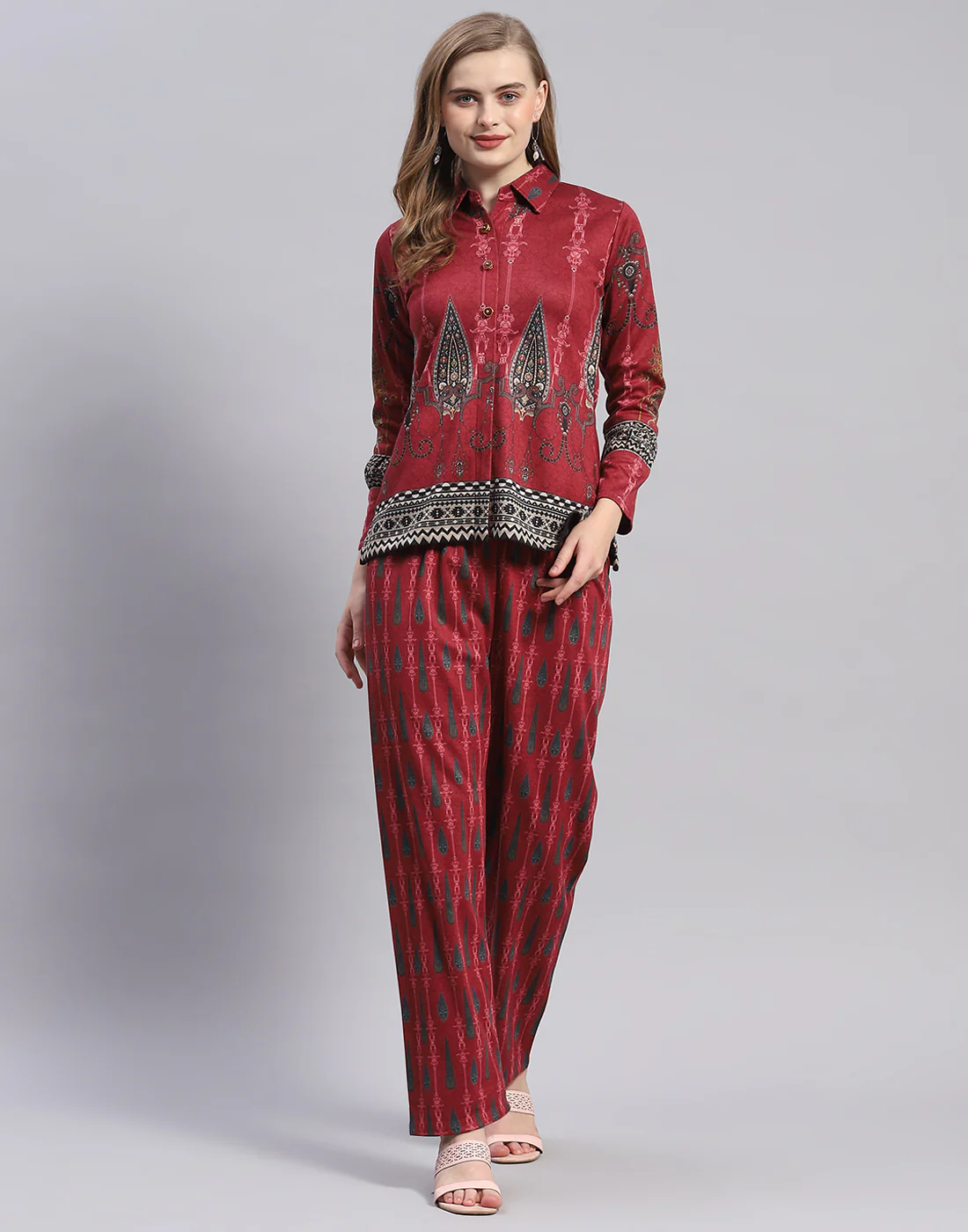 Women Red Embroidered Collar Full Sleeve Cords Set - Image 2