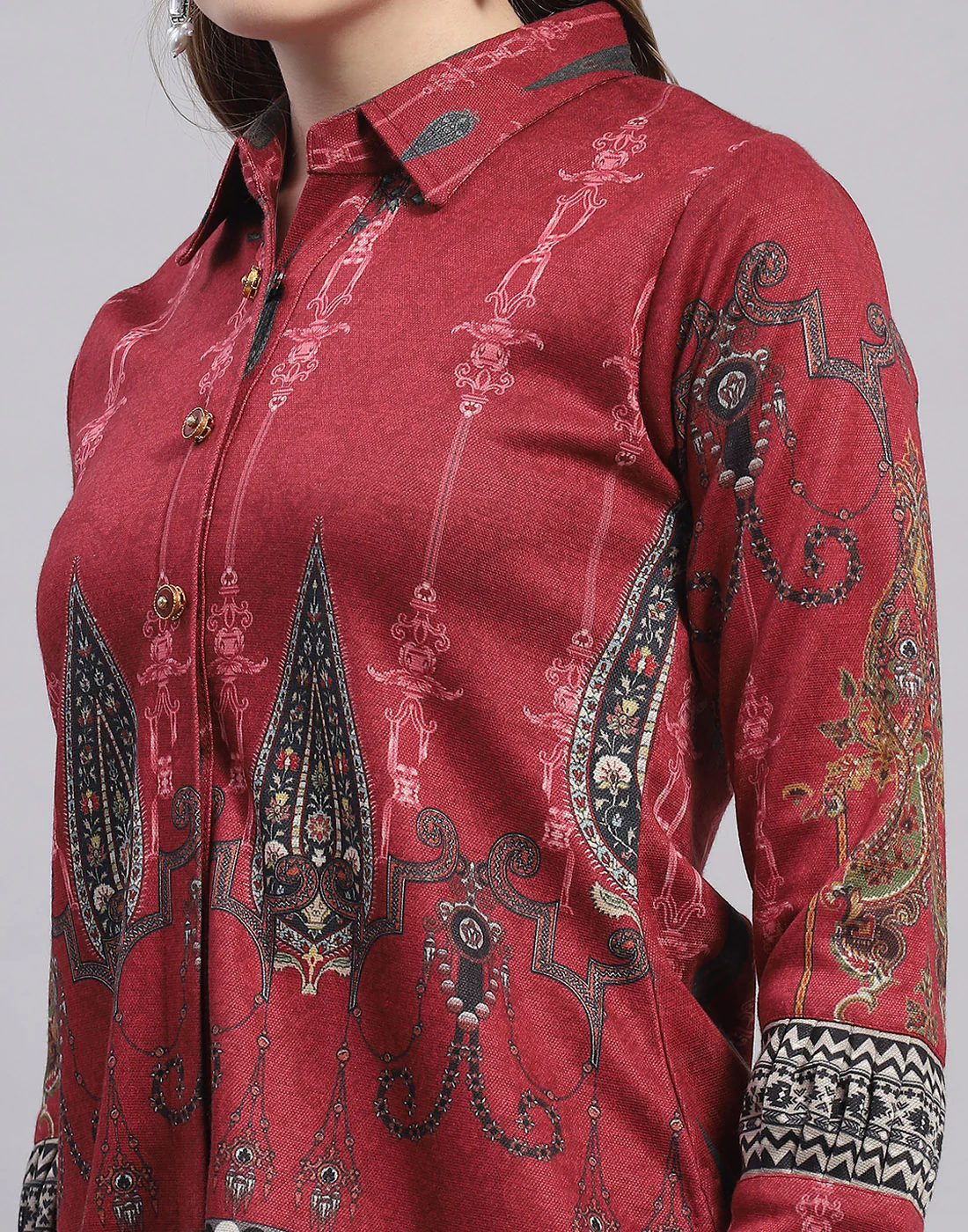 Women Red Embroidered Collar Full Sleeve Cords Set - Image 6