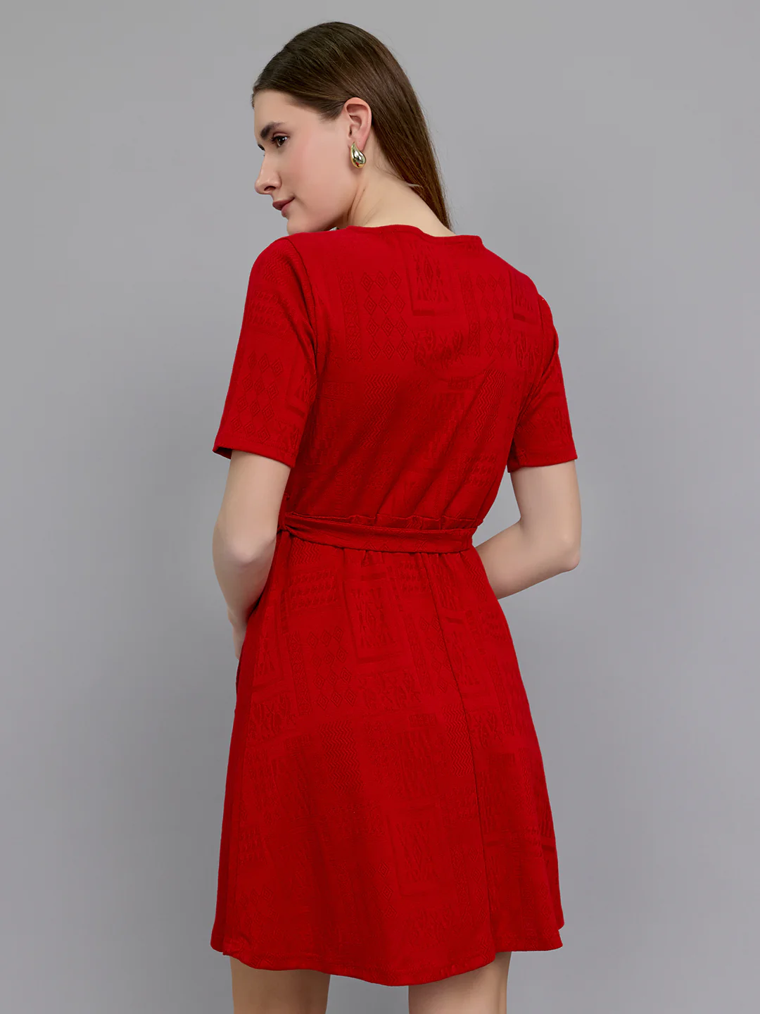 Women Red Jacquard V Neck Half Sleeve Dress - Image 2