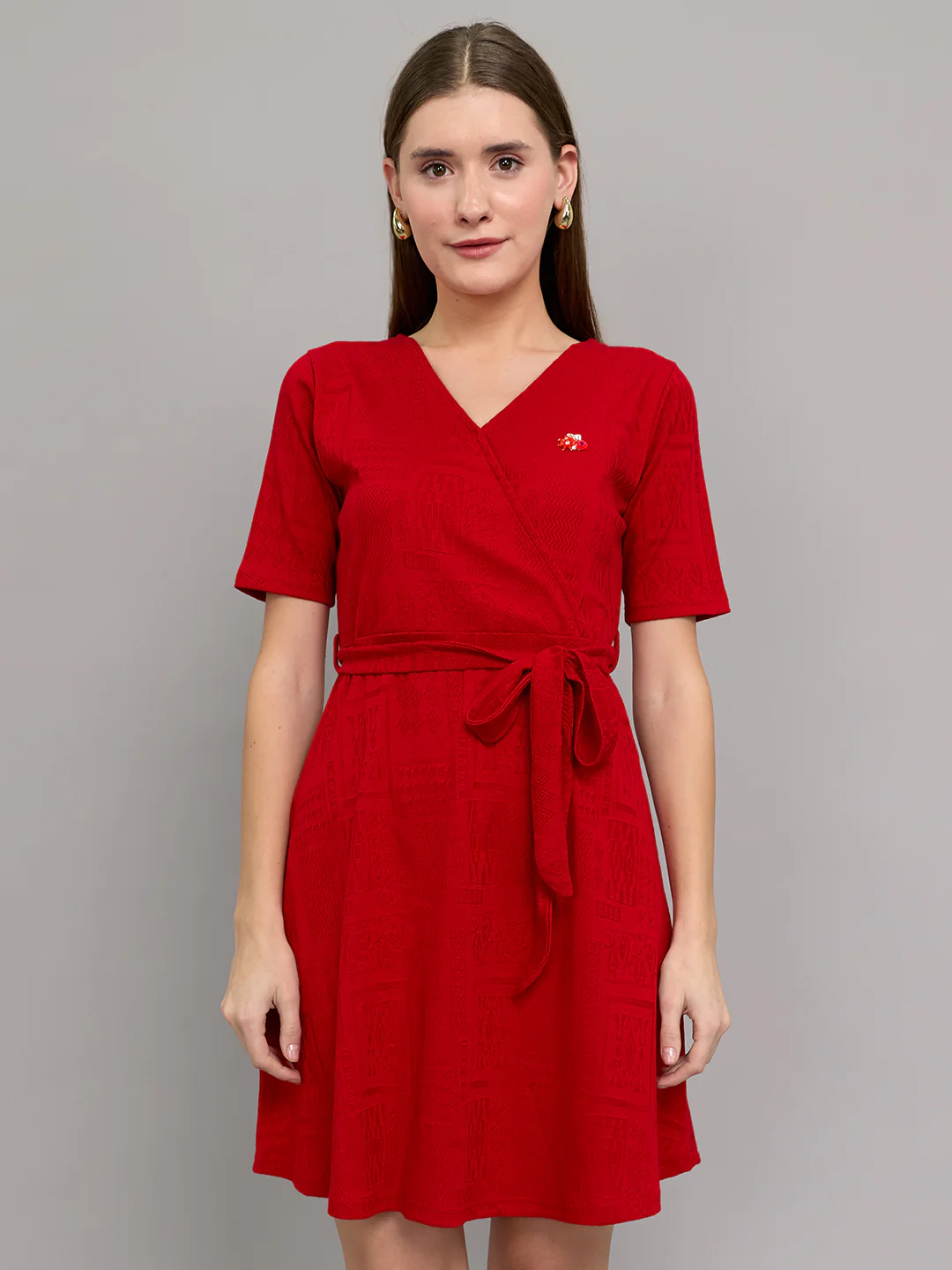 Women Red Jacquard V Neck Half Sleeve Dress - Image 4