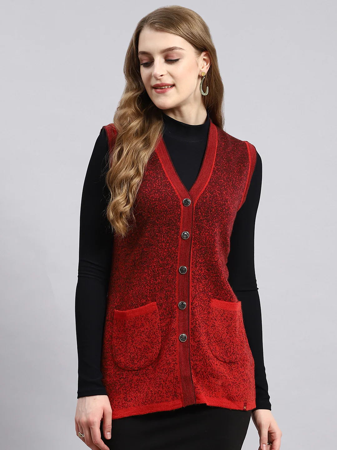 Women Red Jaquard Cardigan - Image 3
