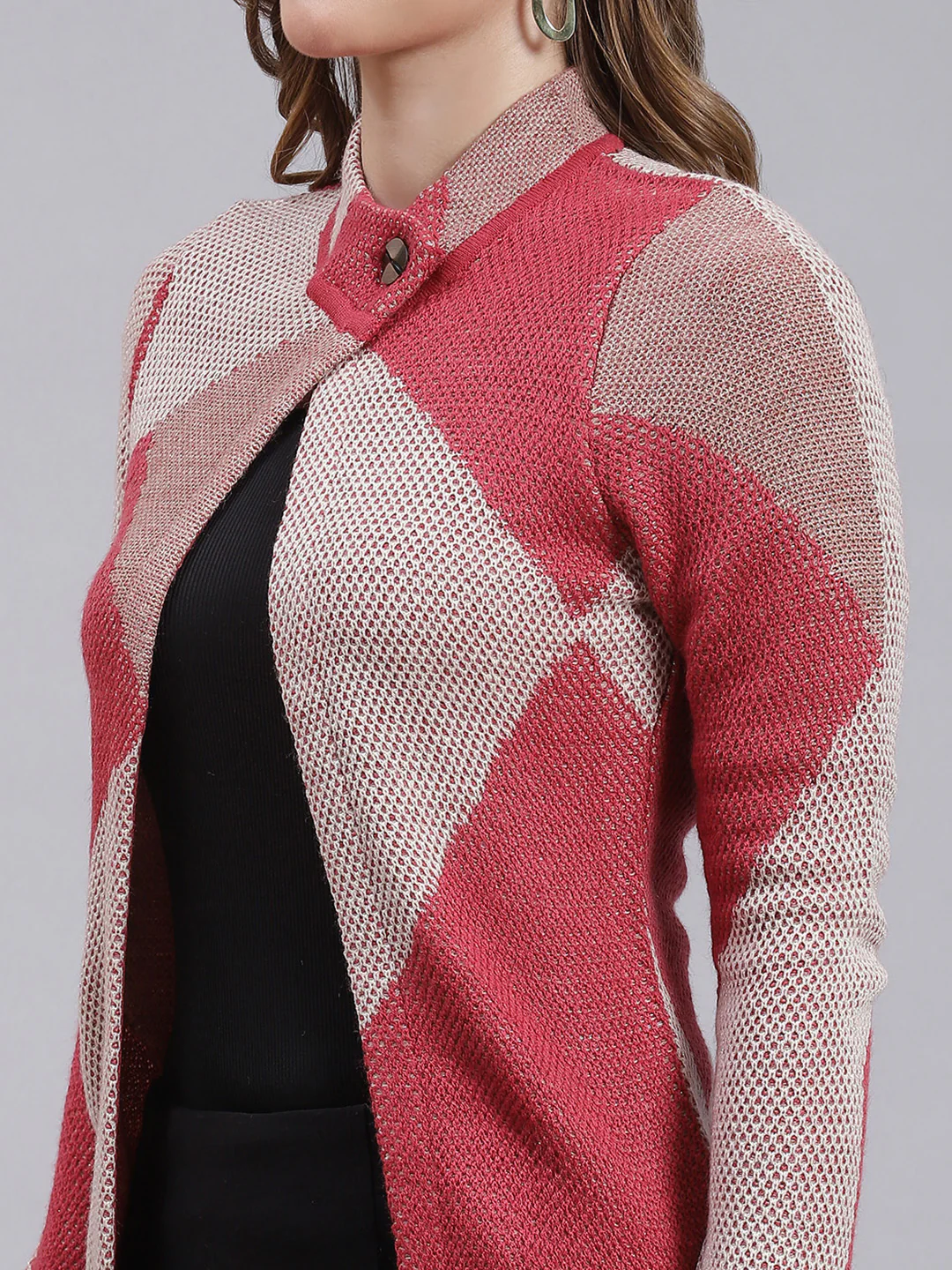 Women Red Jaquard Wool blend Cardigan - Image 6