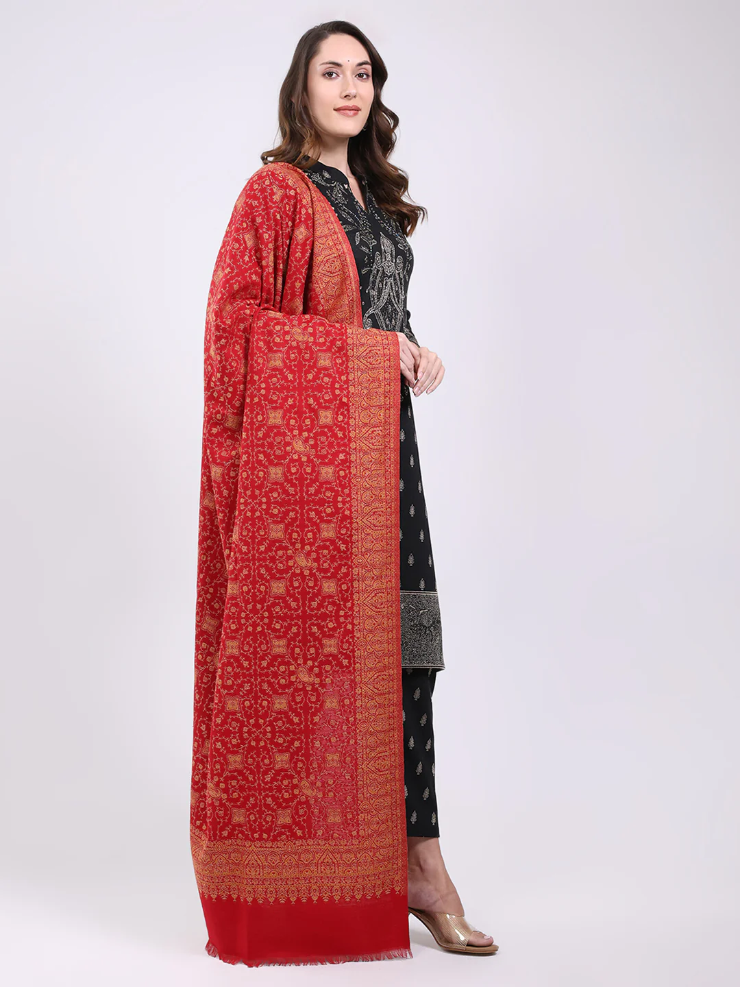 Women Red Printed Wool Blend Shawl - Image 4