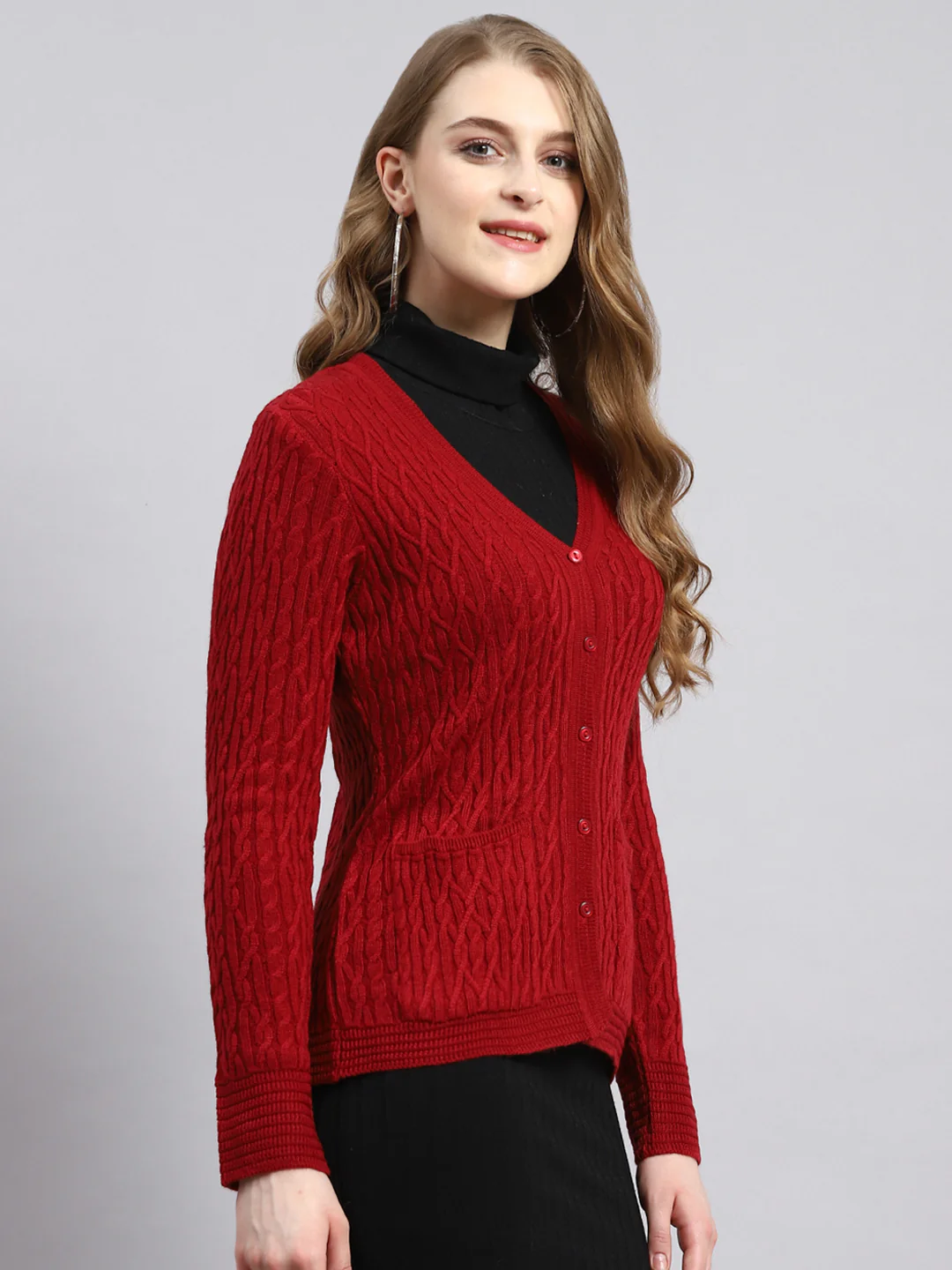 Women Red Self Cardigan - Image 2