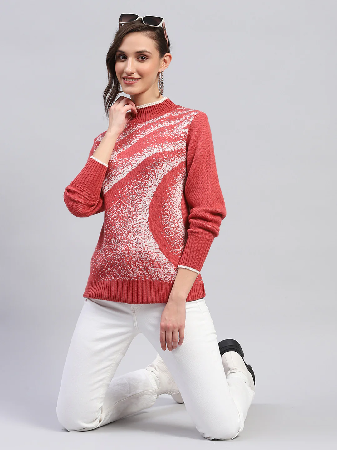 Women Red Self Design Band Collar Full Sleeve Winter Tops - Image 2