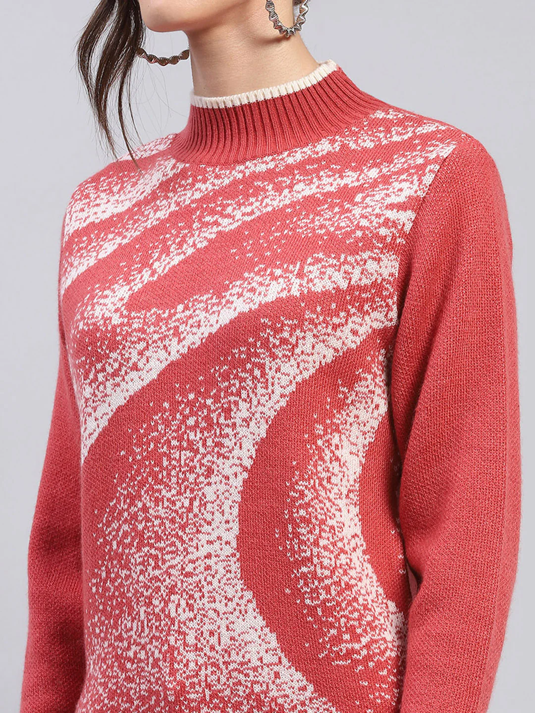 Women Red Self Design Band Collar Full Sleeve Winter Tops - Image 6