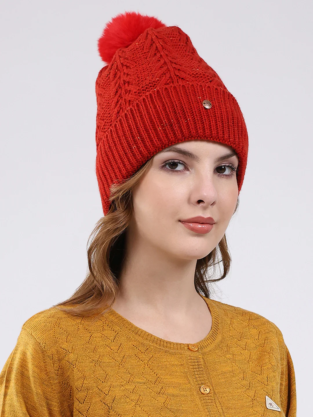 Women Red Self Design Blend Wool Cap - Image 4