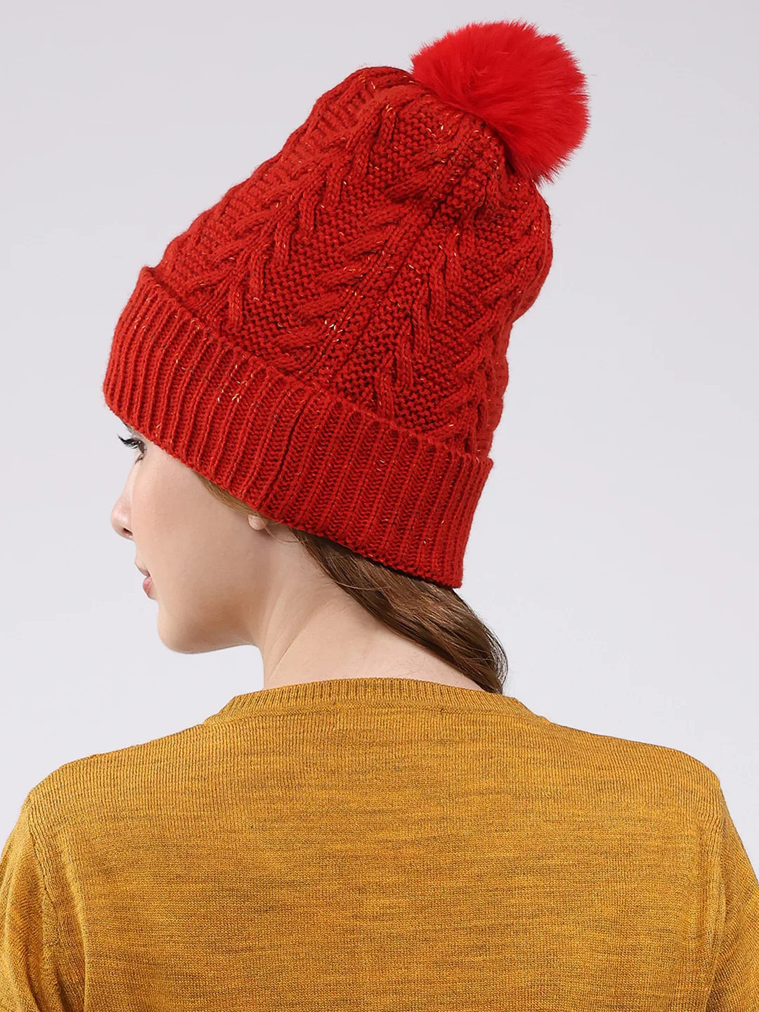 Women Red Self Design Blend Wool Cap - Image 5
