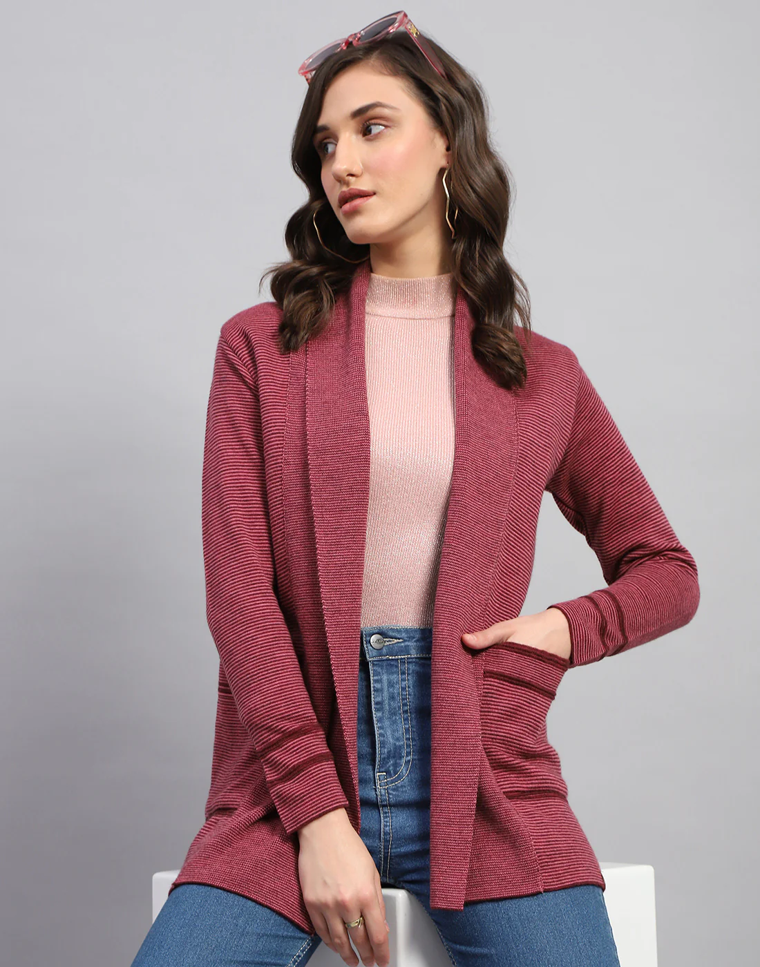 Women Red Self Design Front Open Full Sleeve Cardigan - Image 2