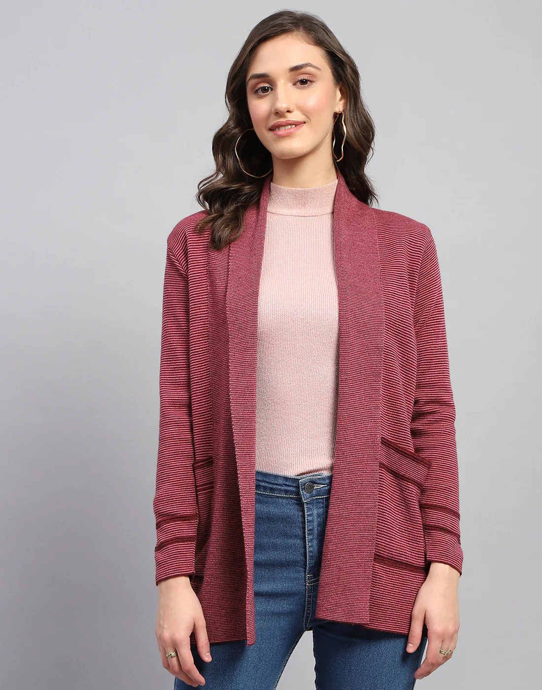 Women Red Self Design Front Open Full Sleeve Cardigan - Image 3