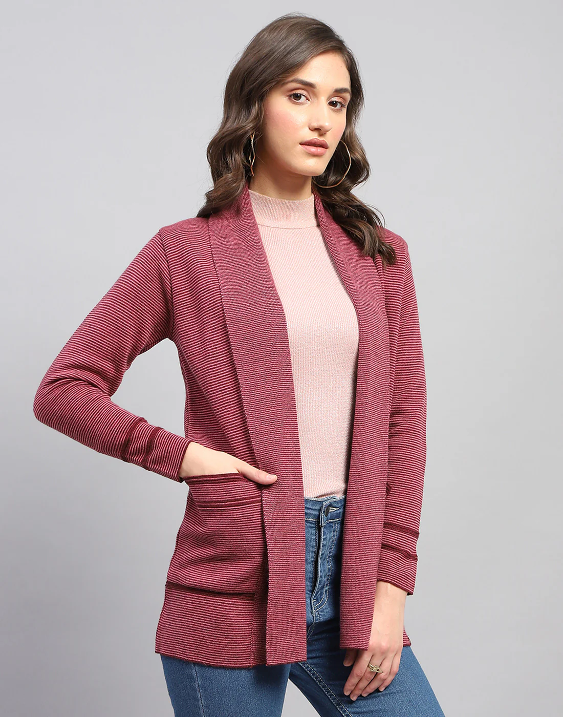 Women Red Self Design Front Open Full Sleeve Cardigan - Image 5