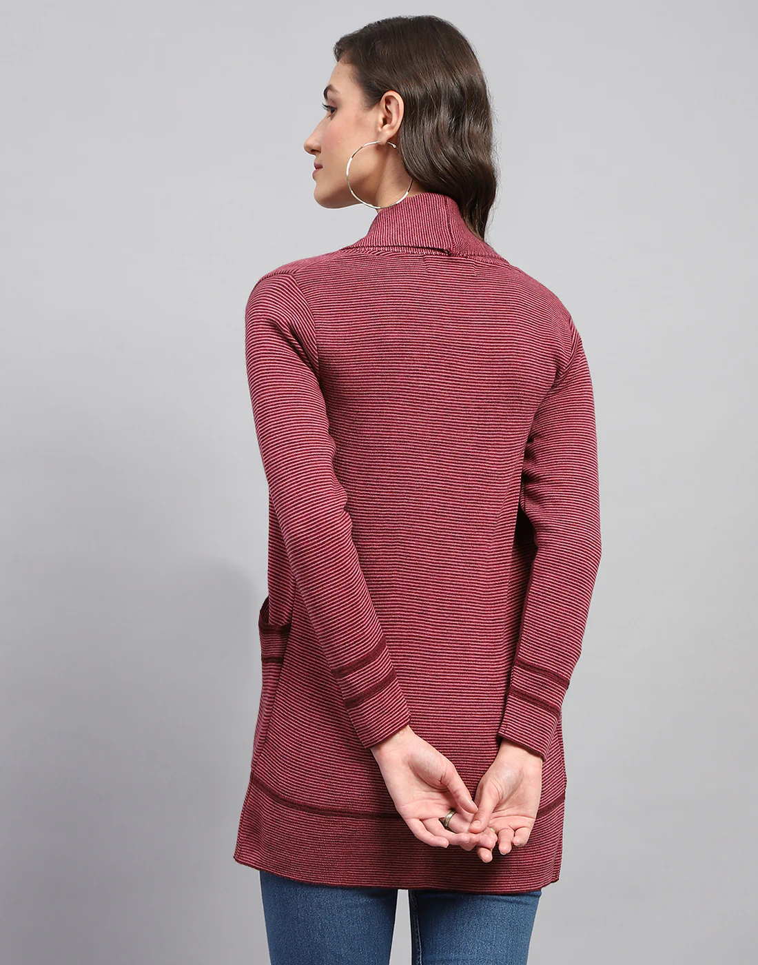 Women Red Self Design Front Open Full Sleeve Cardigan - Image 6