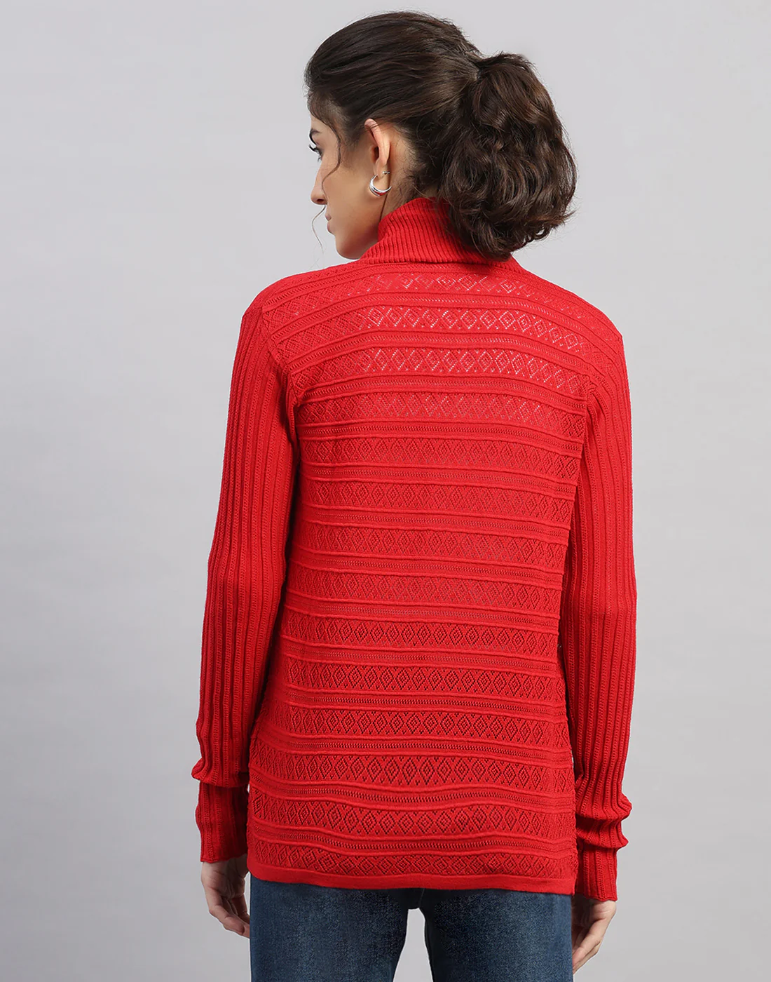 Women Red Self Design Front Open Full Sleeve Winter Top - Image 4