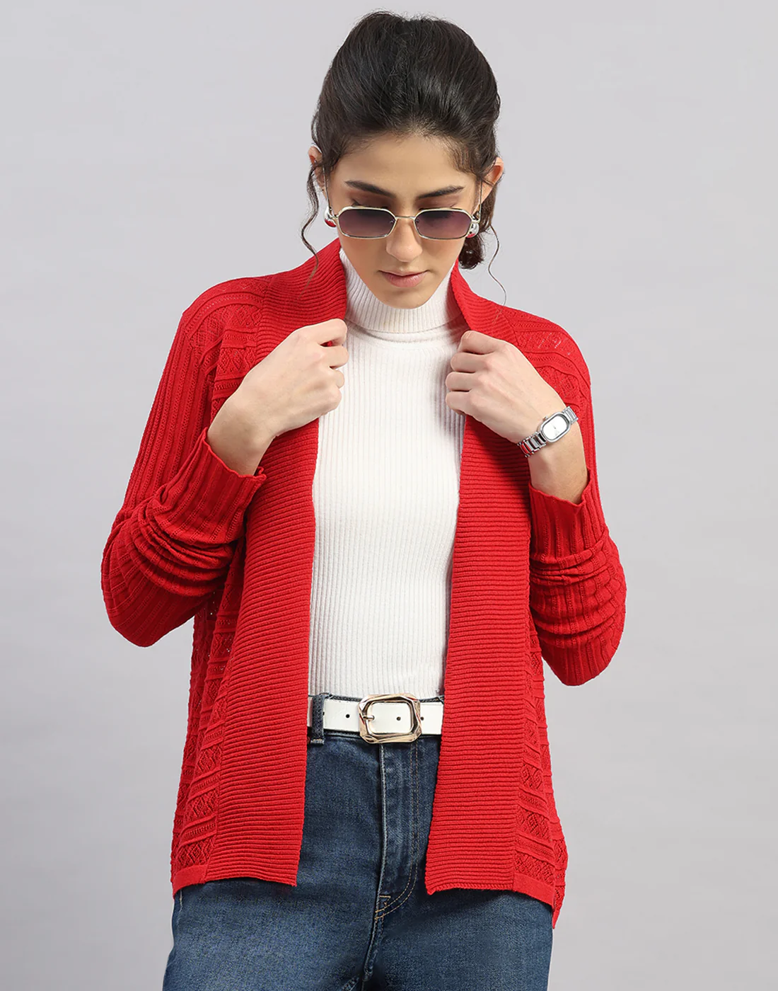 Women Red Self Design Front Open Full Sleeve Winter Top - Image 6
