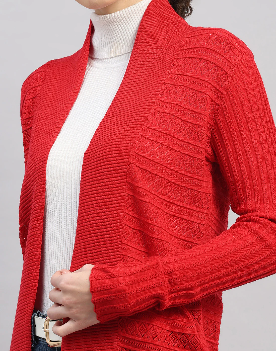Women Red Self Design Front Open Full Sleeve Winter Top - Image 7