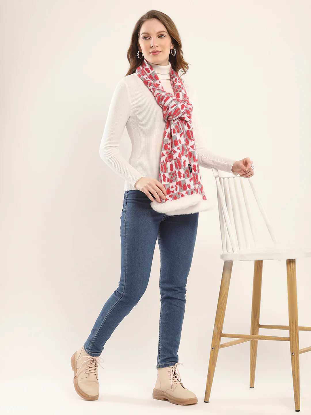 Women Red Self Design Muffler - Image 2