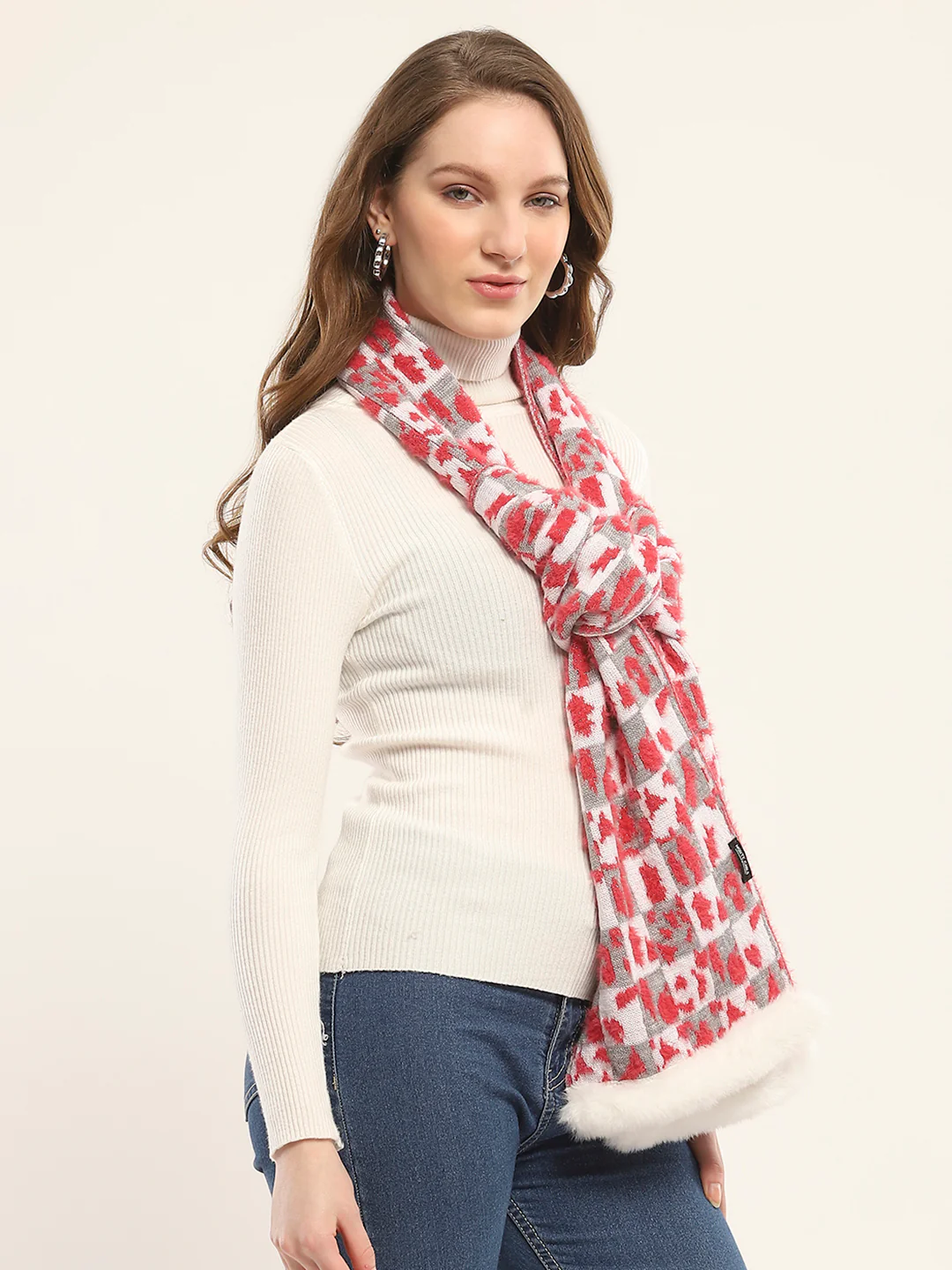 Women Red Self Design Muffler - Image 4