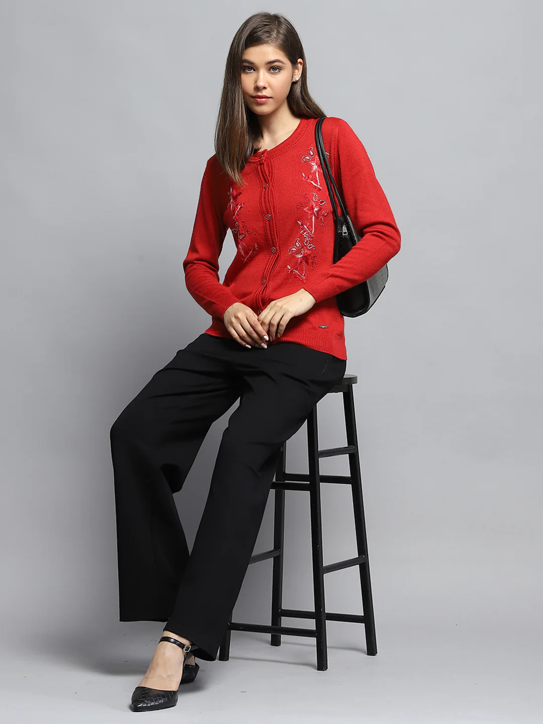 Women Red Self Design Round Neck Full Sleeve Cardigan - Image 2