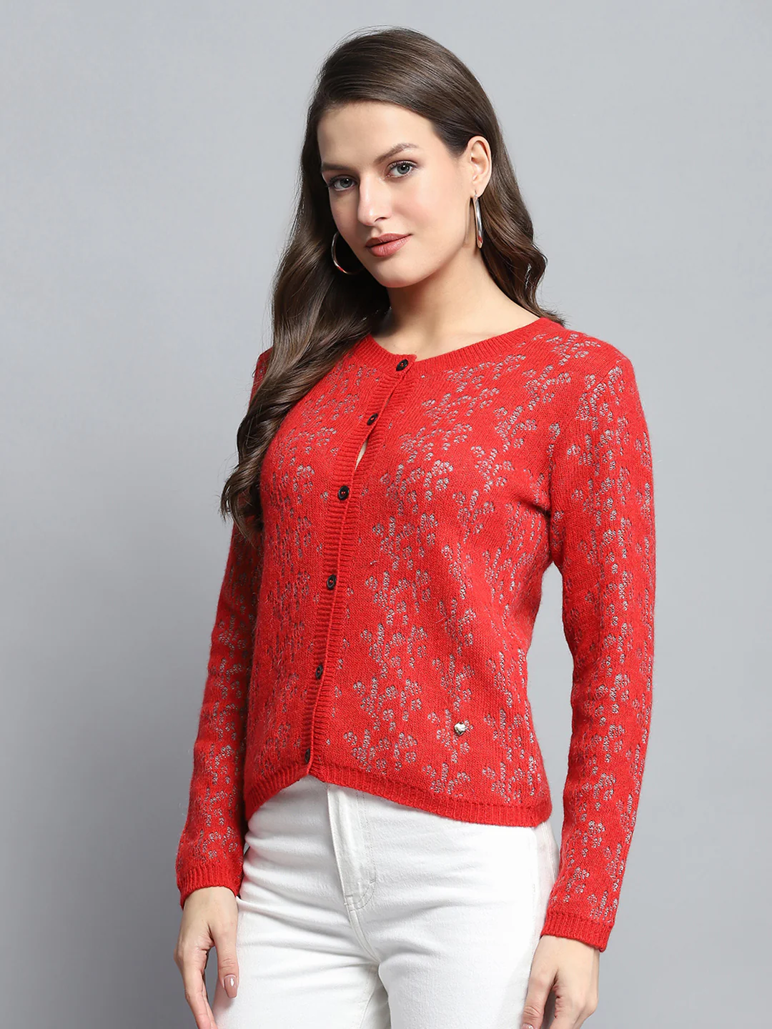 Women Red Self Design Round Neck Full Sleeve Cardigan - Image 3