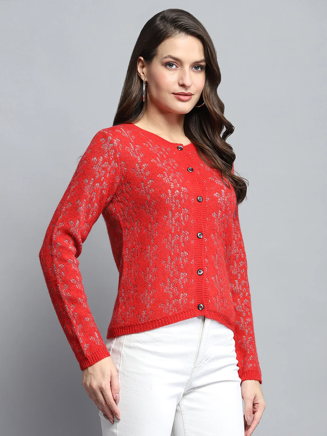 Women Red Self Design Round Neck Full Sleeve Cardigan - Image 4