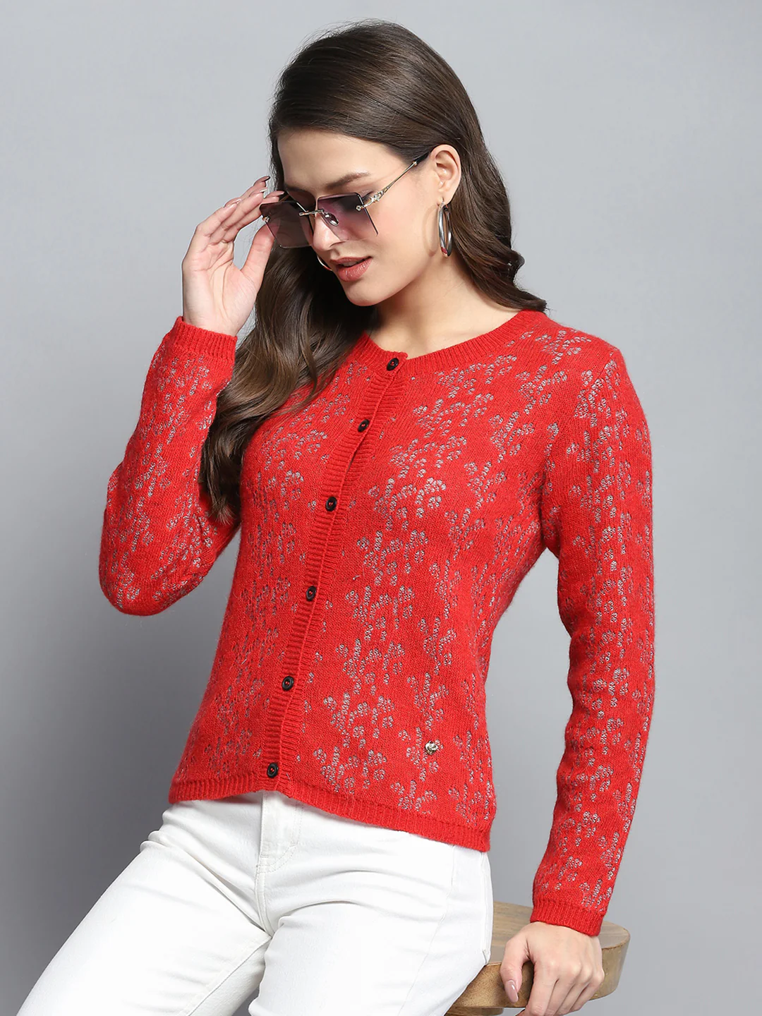 Women Red Self Design Round Neck Full Sleeve Cardigan - Image 6