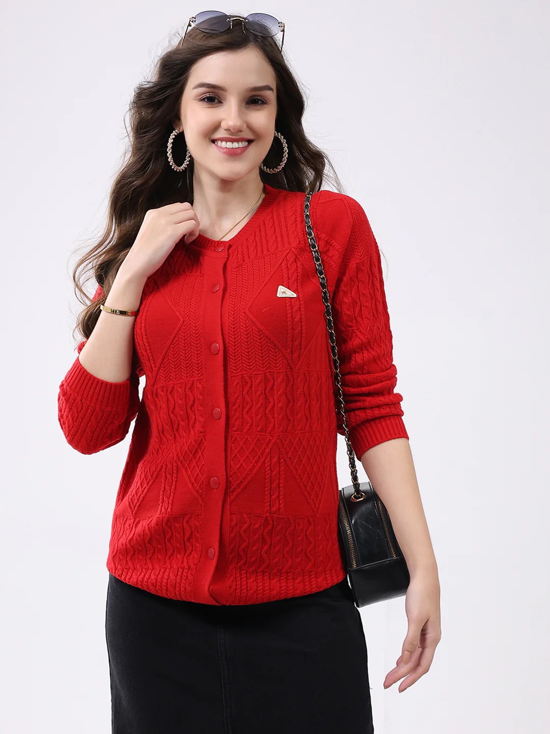 Women Red Self Design Round Neck Full Sleeve Cardigan - Image 6