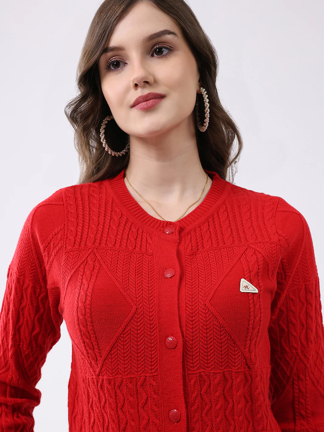 Women Red Self Design Round Neck Full Sleeve Cardigan - Image 7