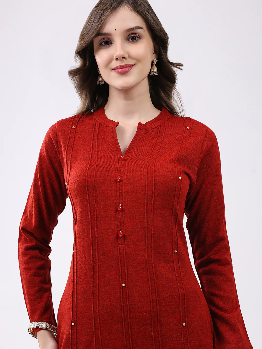 Women Red Self Design Round Neck Full Sleeve Kurti Set for Winter - Image 6