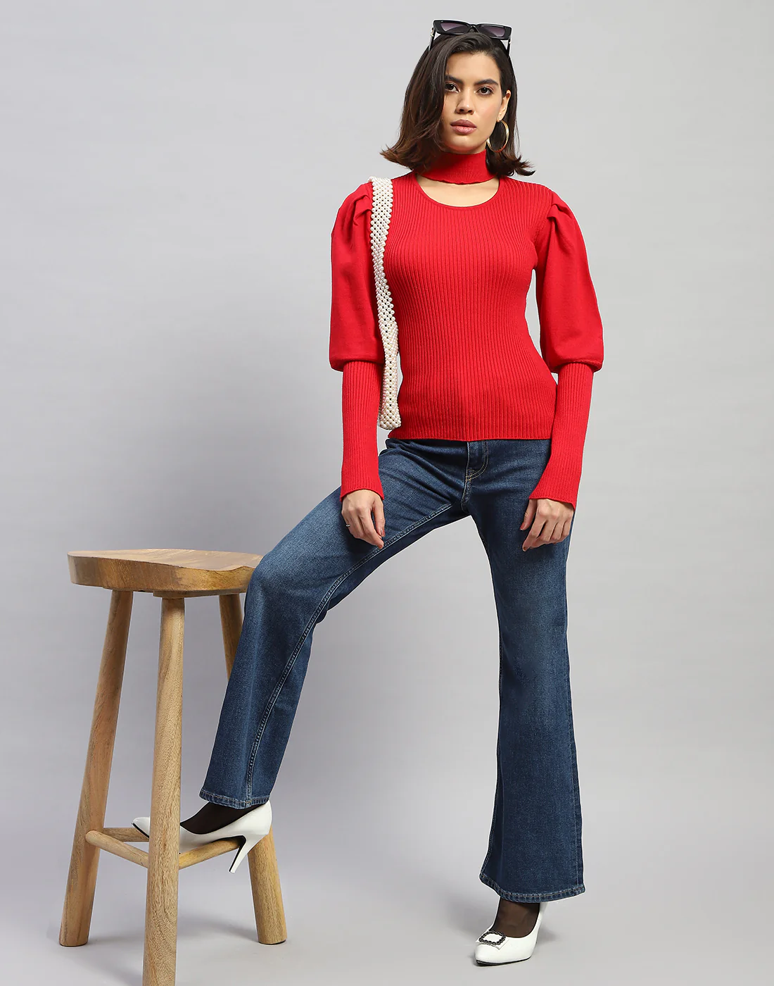 Women Red Self Design Round Neck Full Sleeve Sceavy - Image 2
