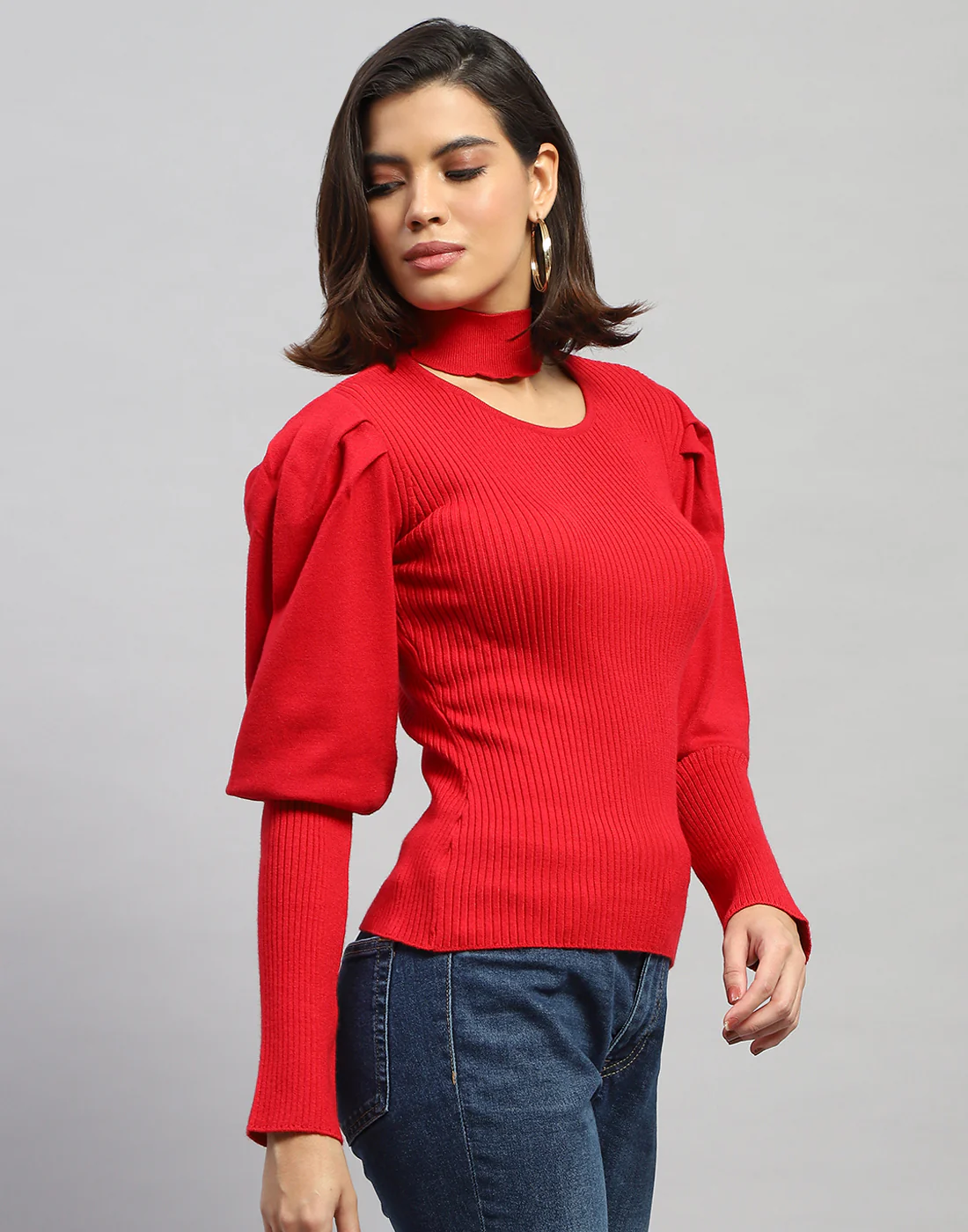 Women Red Self Design Round Neck Full Sleeve Sceavy - Image 4
