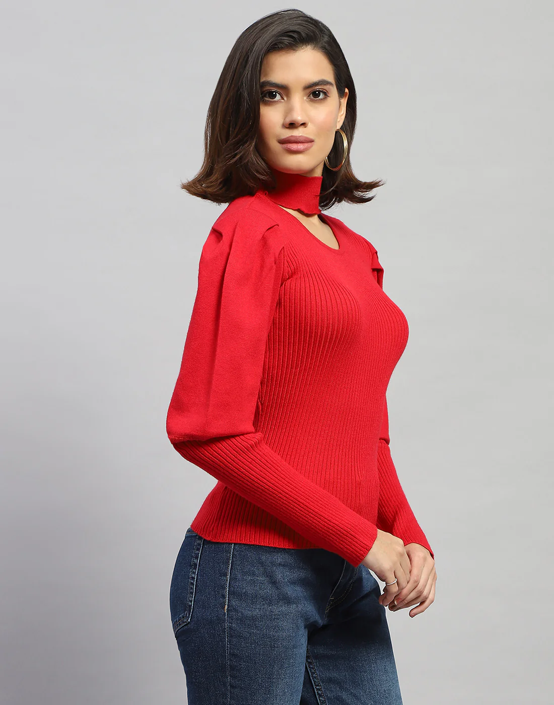 Women Red Self Design Round Neck Full Sleeve Sceavy - Image 6