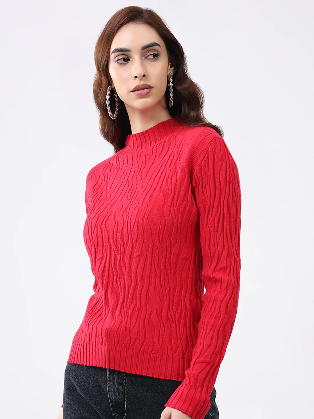 Women Red Self Design Round Neck Full Sleeve Winter Top - Image 3
