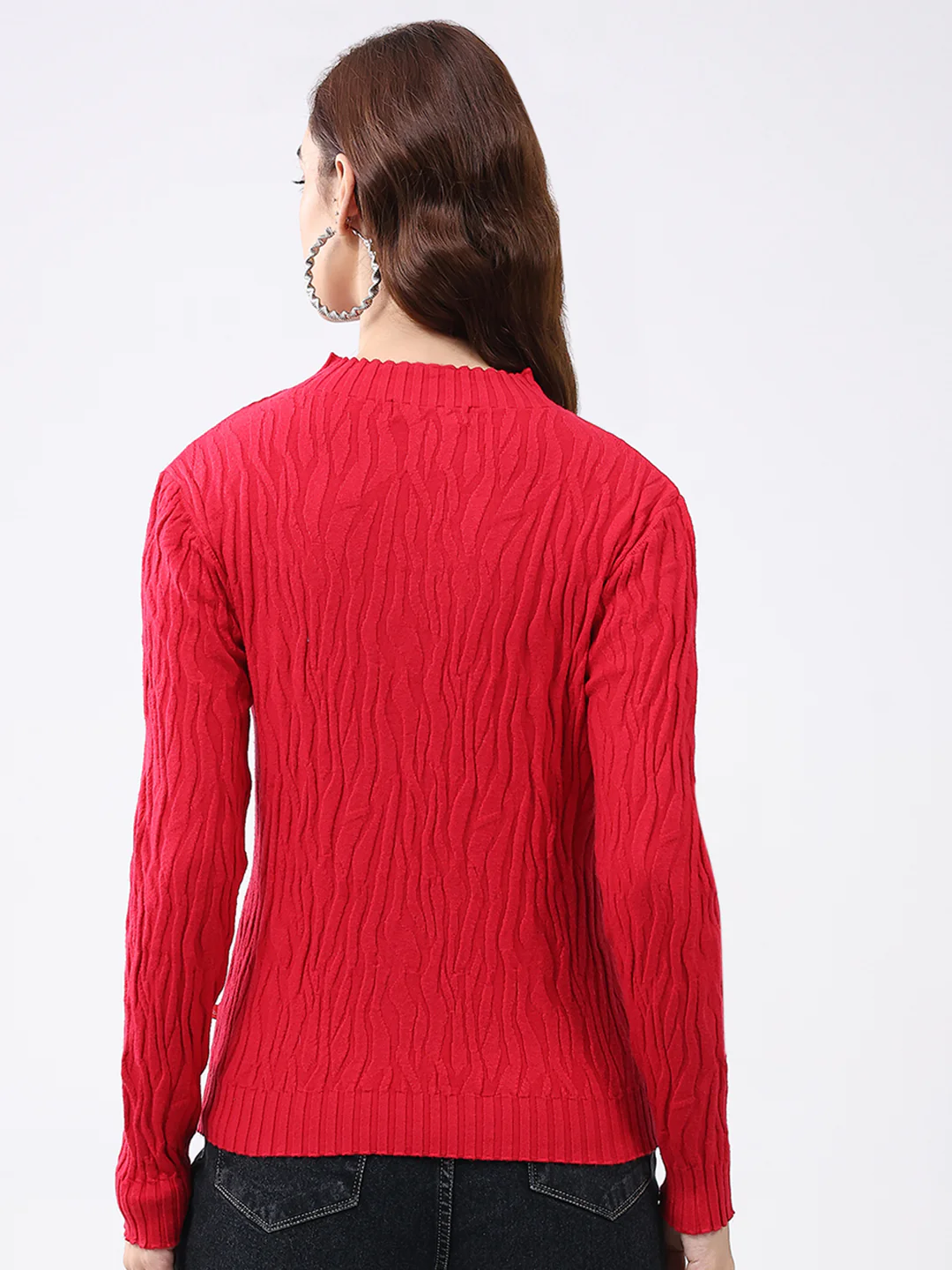 Women Red Self Design Round Neck Full Sleeve Winter Top - Image 5