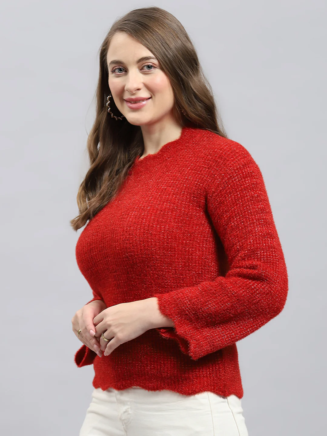 Women Red Self Design Round Neck Full Sleeve Winter Tops - Image 3
