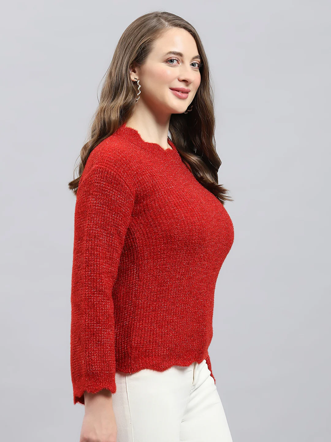 Women Red Self Design Round Neck Full Sleeve Winter Tops - Image 4
