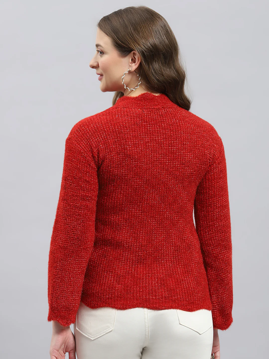 Women Red Self Design Round Neck Full Sleeve Winter Tops - Image 5