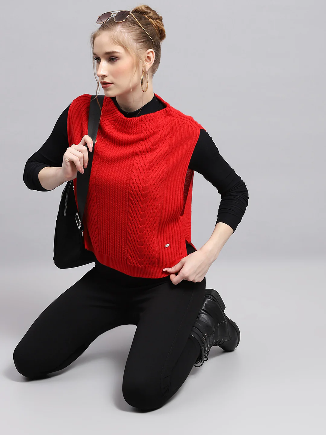Women Red Self Design Round Neck Sleeveless Winter Tops - Image 2