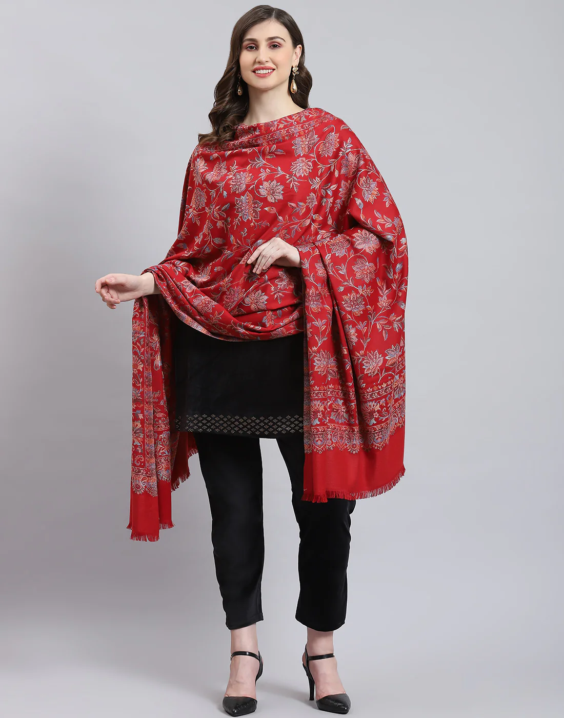 Women Red Self Design Shawl - Image 2