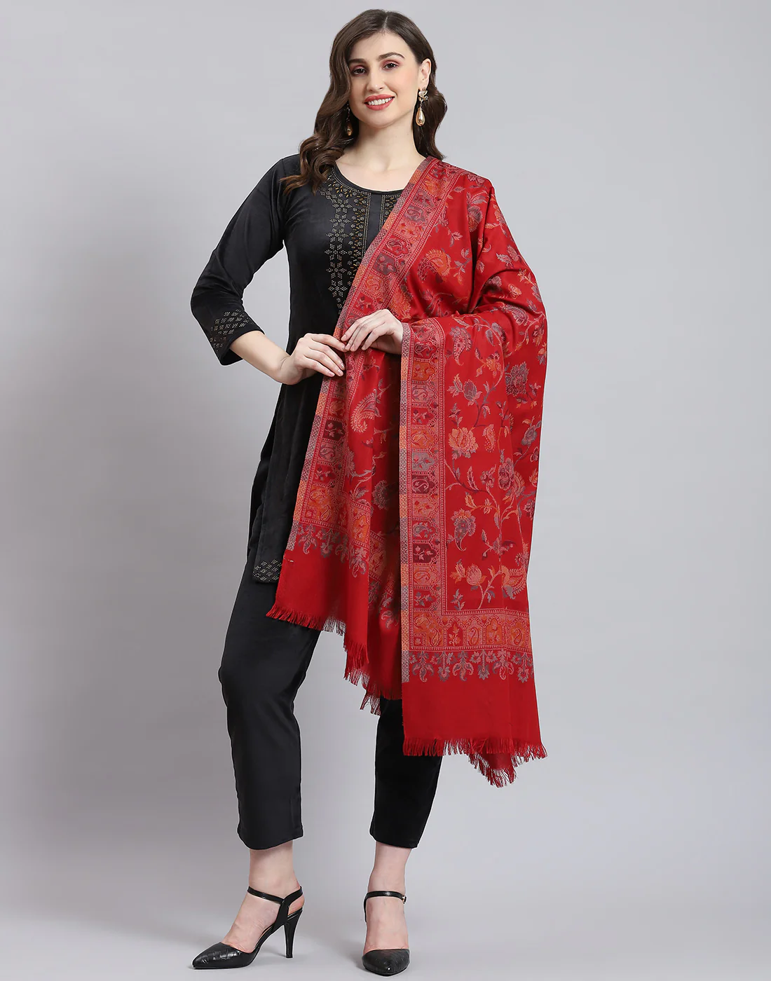 Women Red Self Design Shawl - Image 2