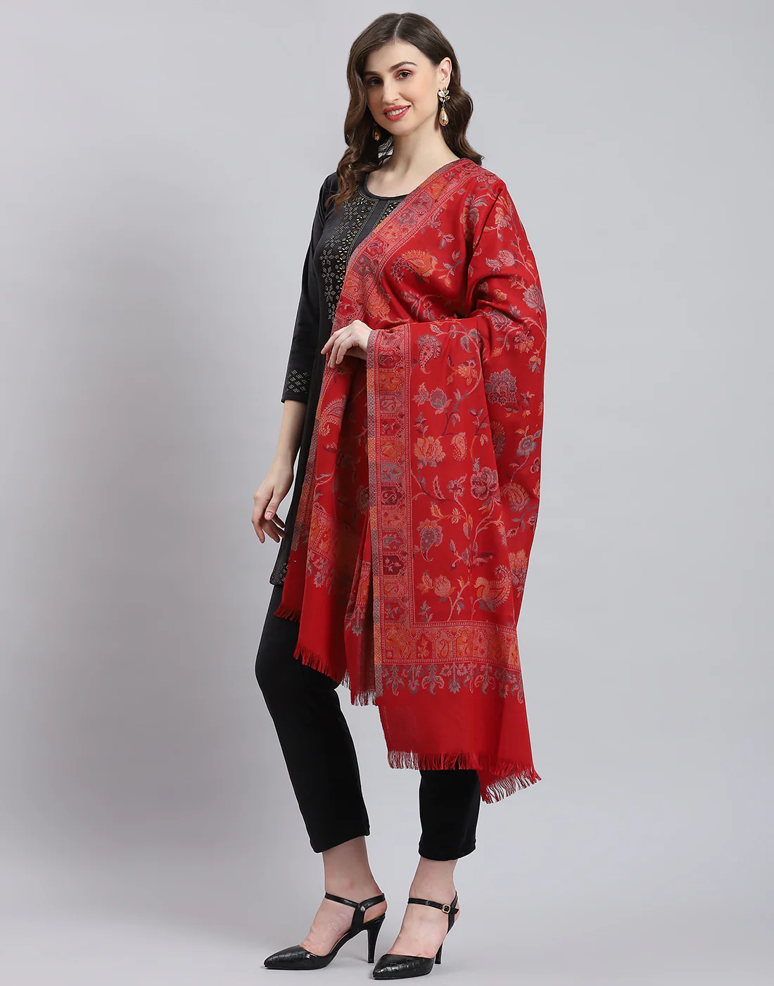 Women Red Self Design Shawl - Image 3