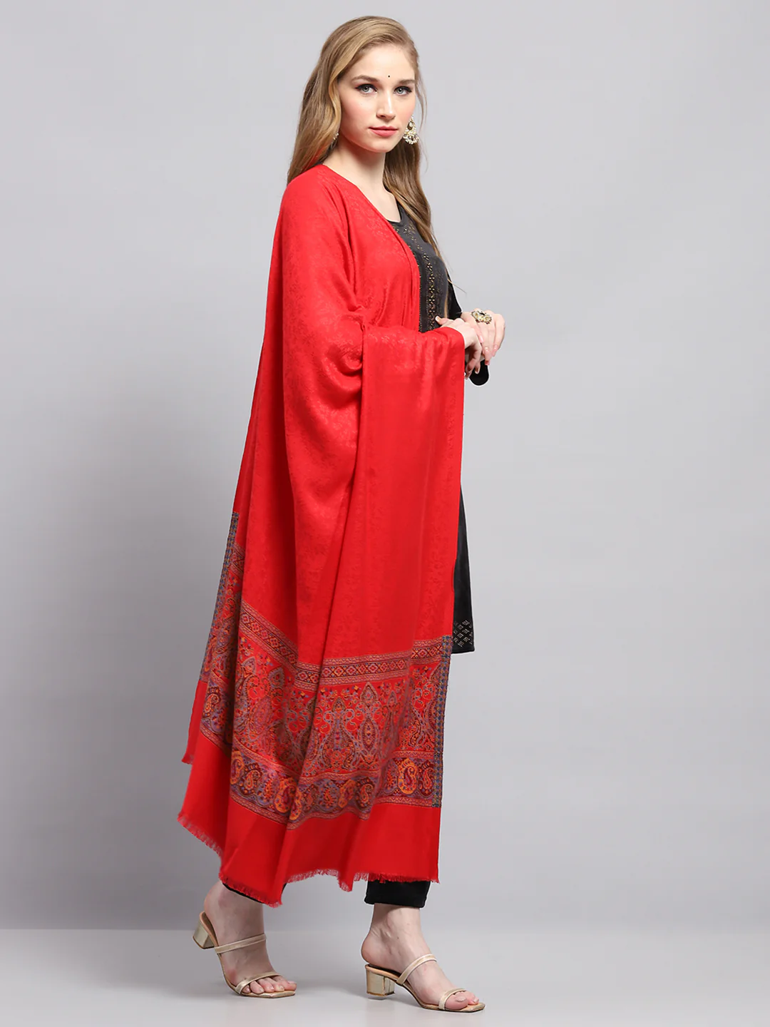 Women Red Self Design Shawl - Image 4