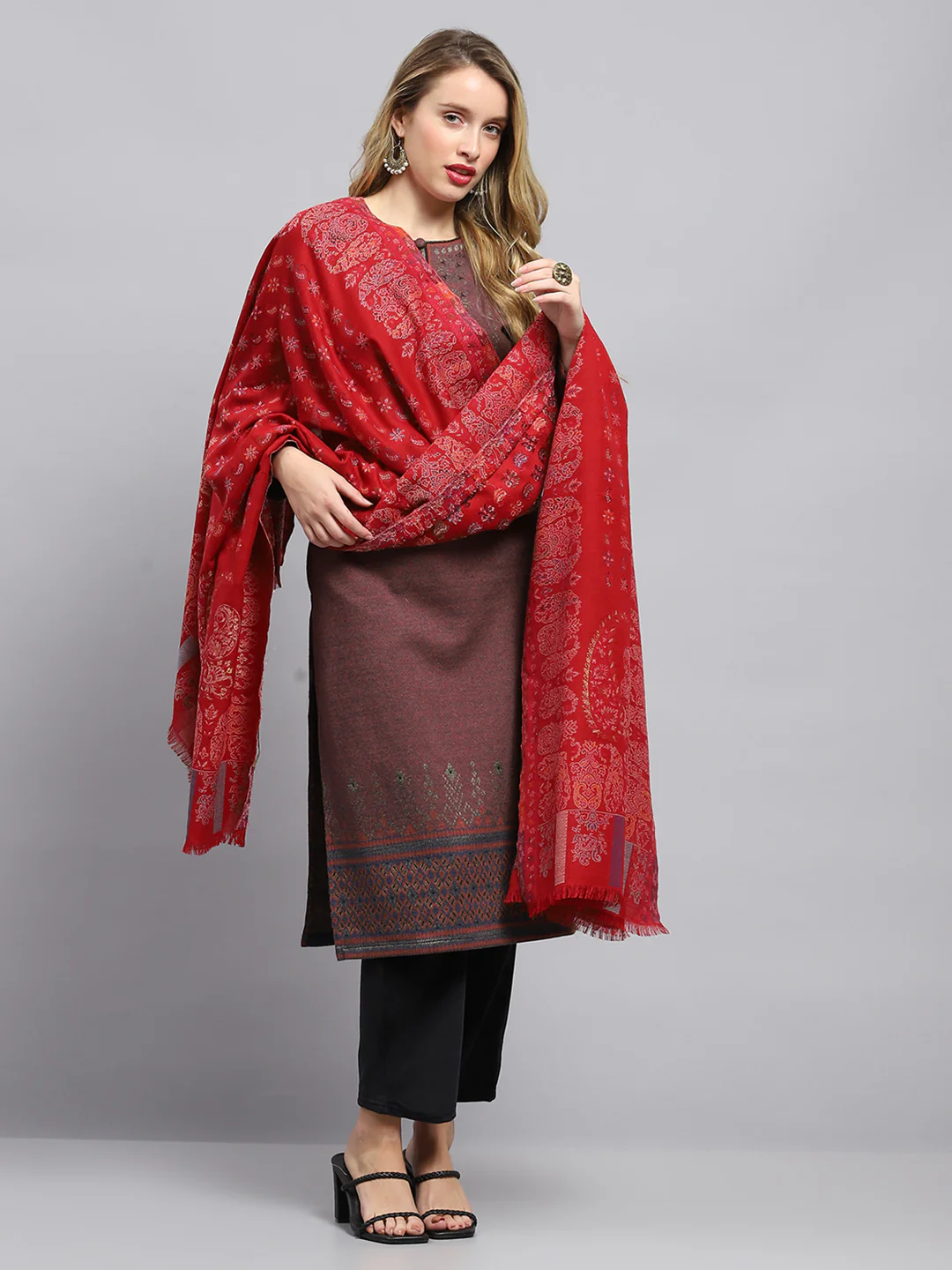 Women Red Self Design Shawl - Image 5