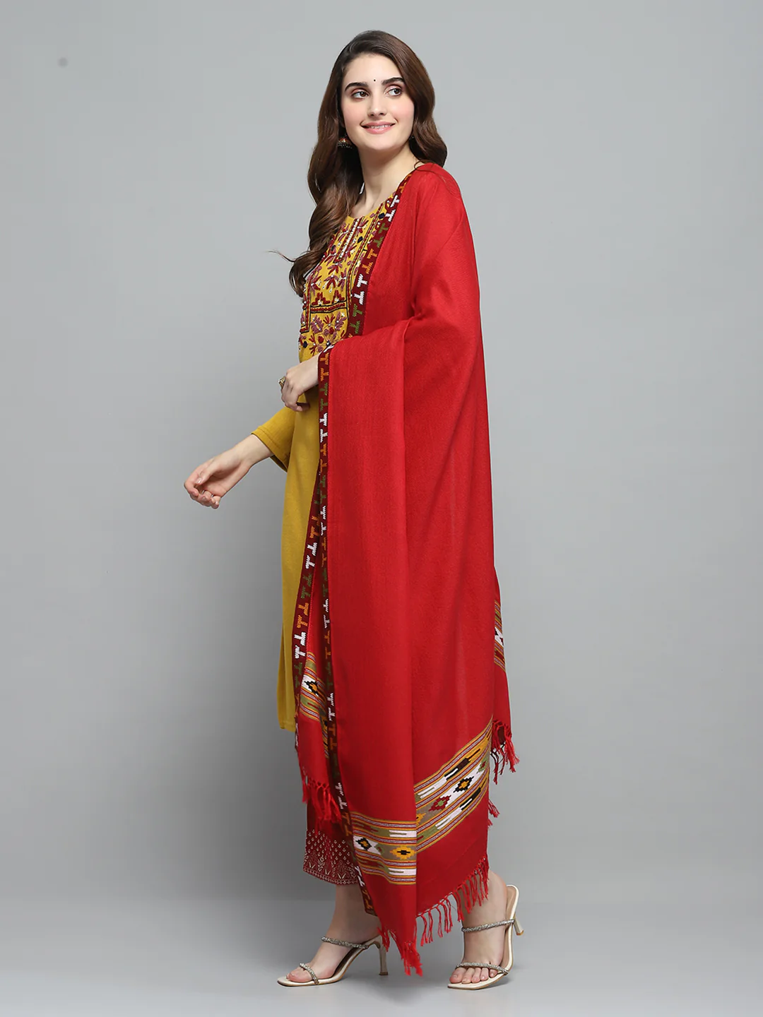 Women Red Self Design Shawl - Image 3