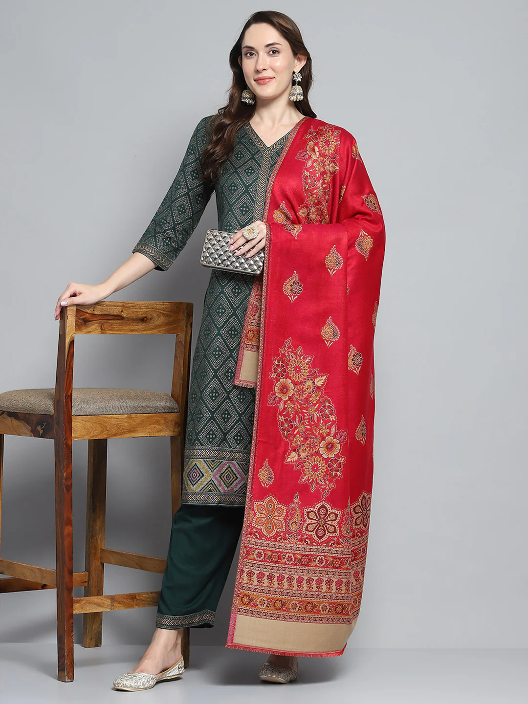 Women Red Self Design Shawl - Image 2